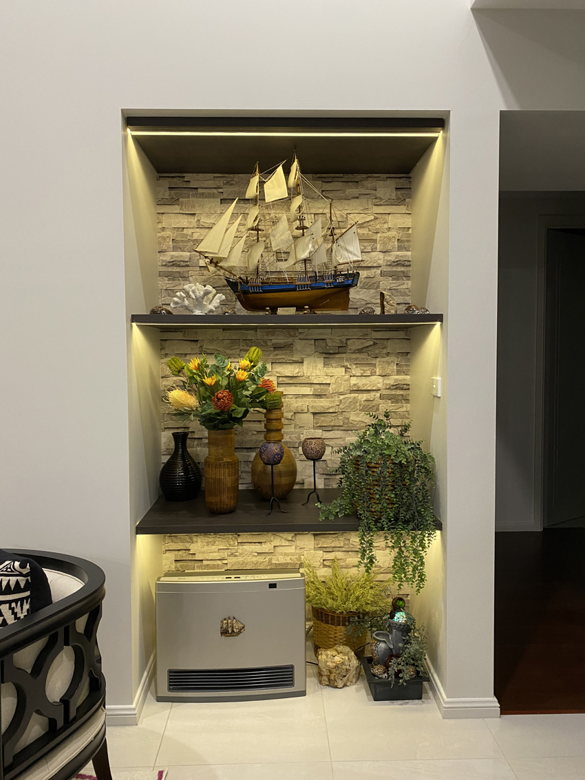 Greenacre outdoor kitchen and indoor floating shelves